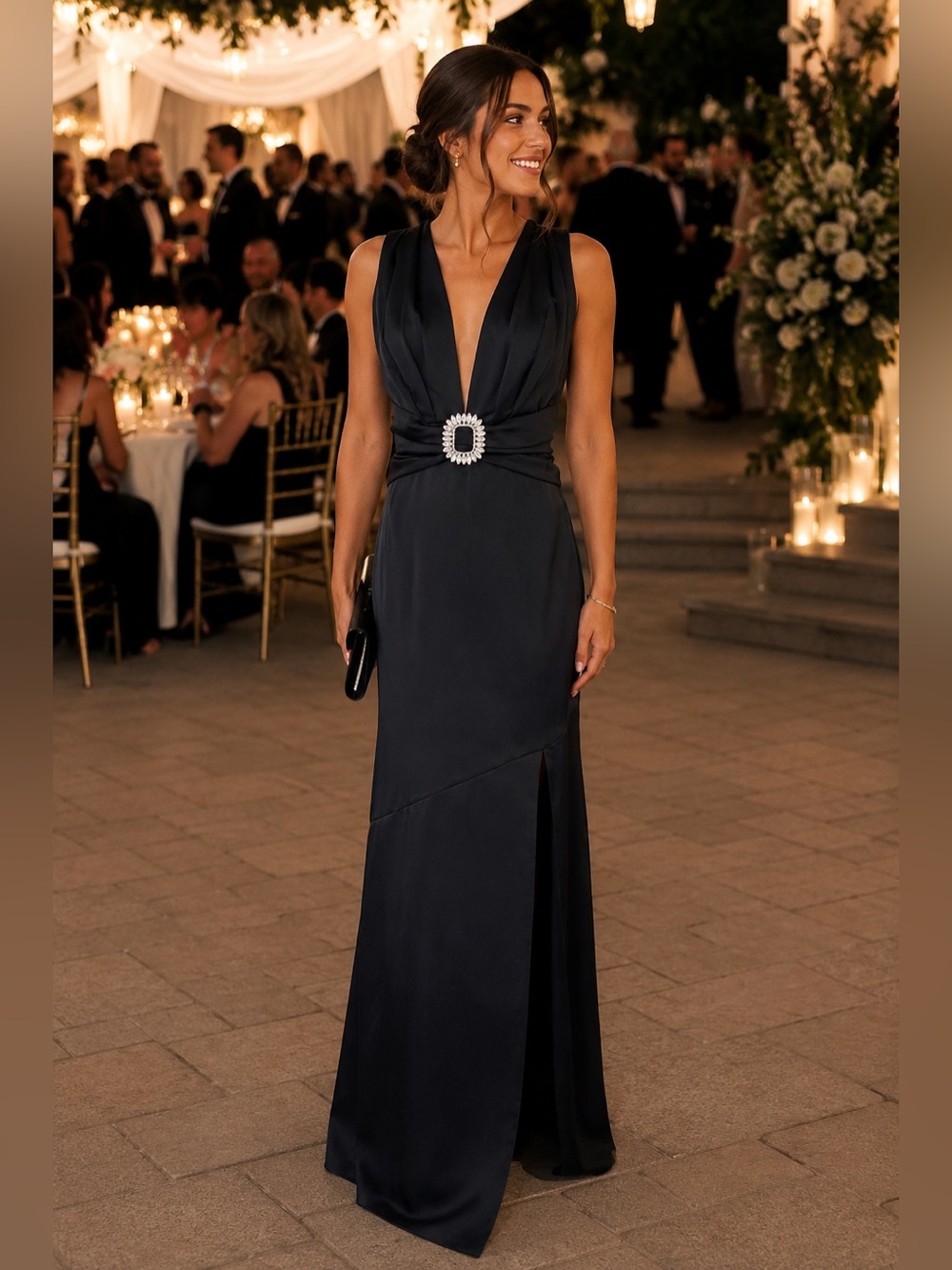Ramy Brook Black Satin Maxi Gown with Crystal Jewel Buckle Size 6 Dress NWT